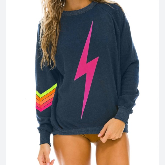 Aviator Nation Tops - Aviator Nation Rare Lightning Bolt Neon Chevron 5 Stripe Crew Sweatshirt Medium